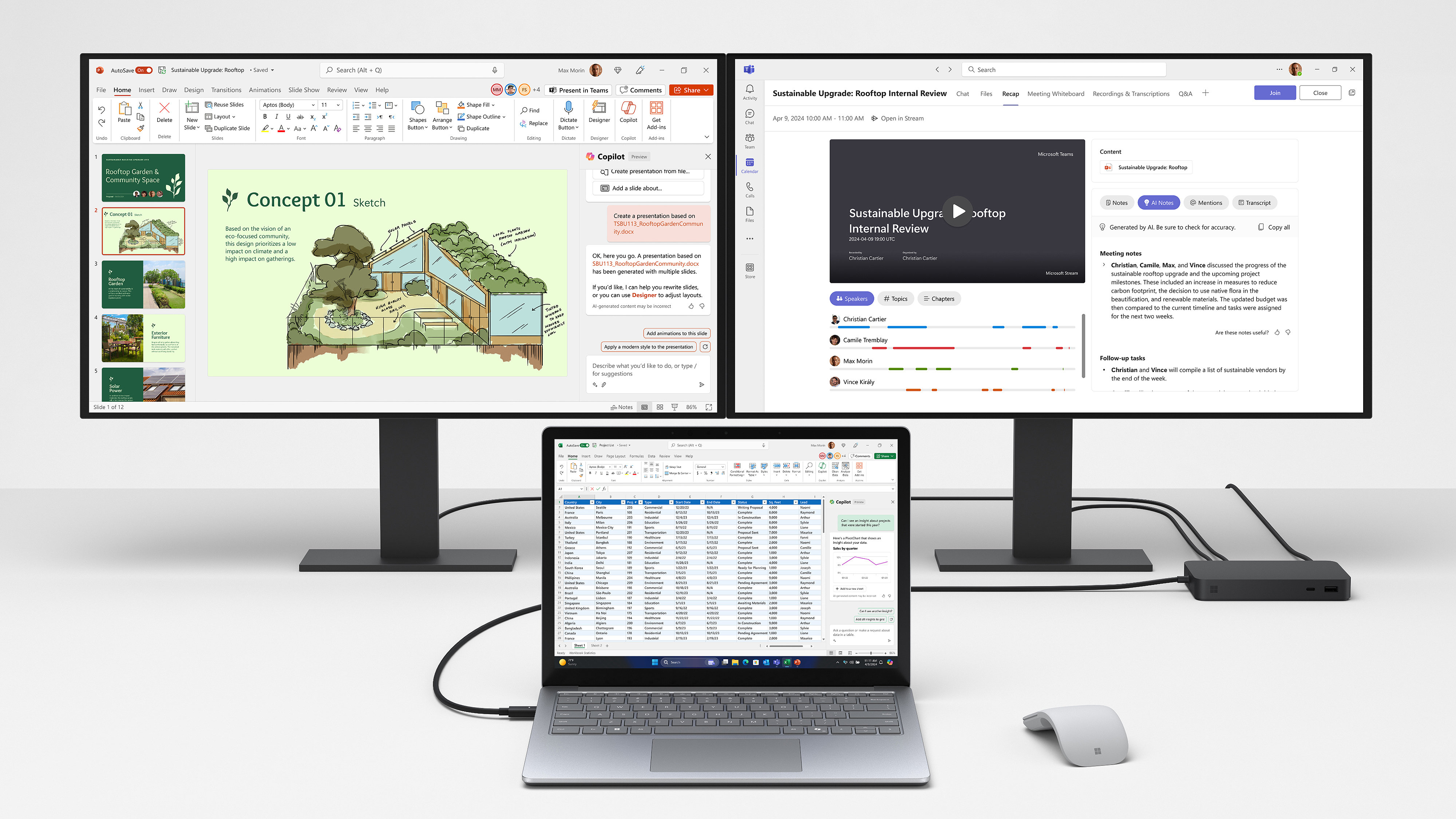 Dua monitor disambungkan kepada Surface Laptop 6 yang memaparkan aplikasi Office 365