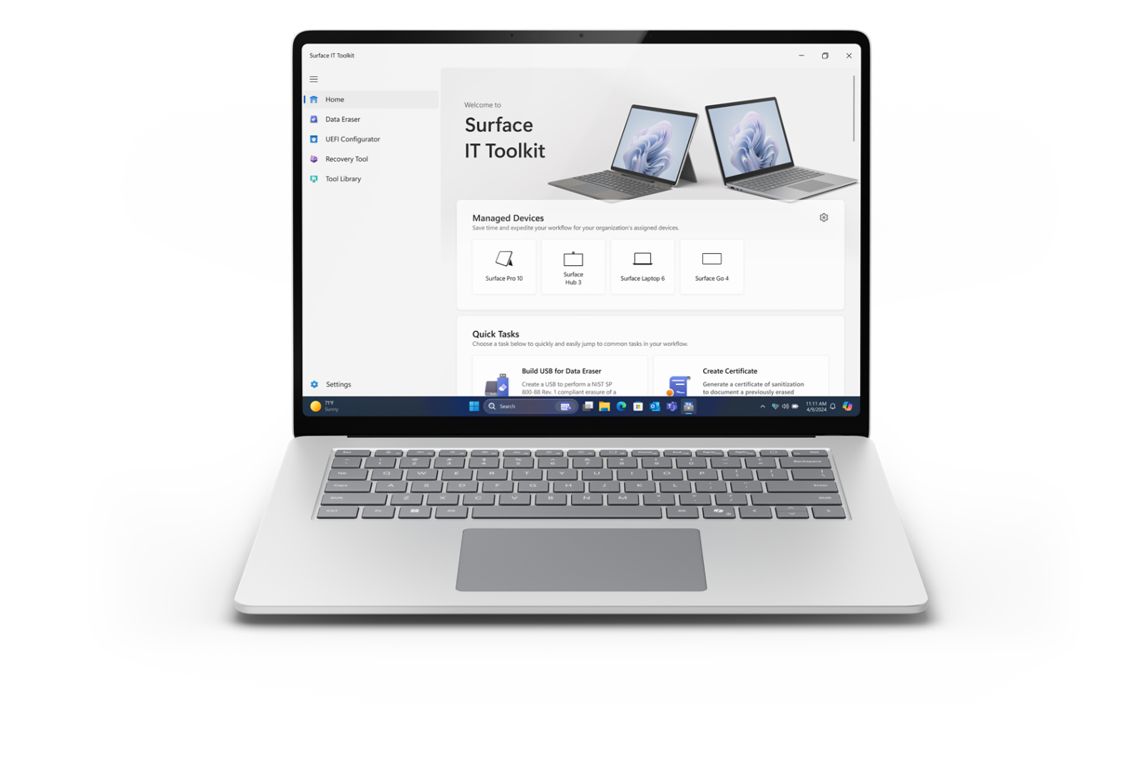 Zařízení Surface Laptop leží otevřené směrem dopředu a na obrazovce je zobrazen Surface IT Toolkit