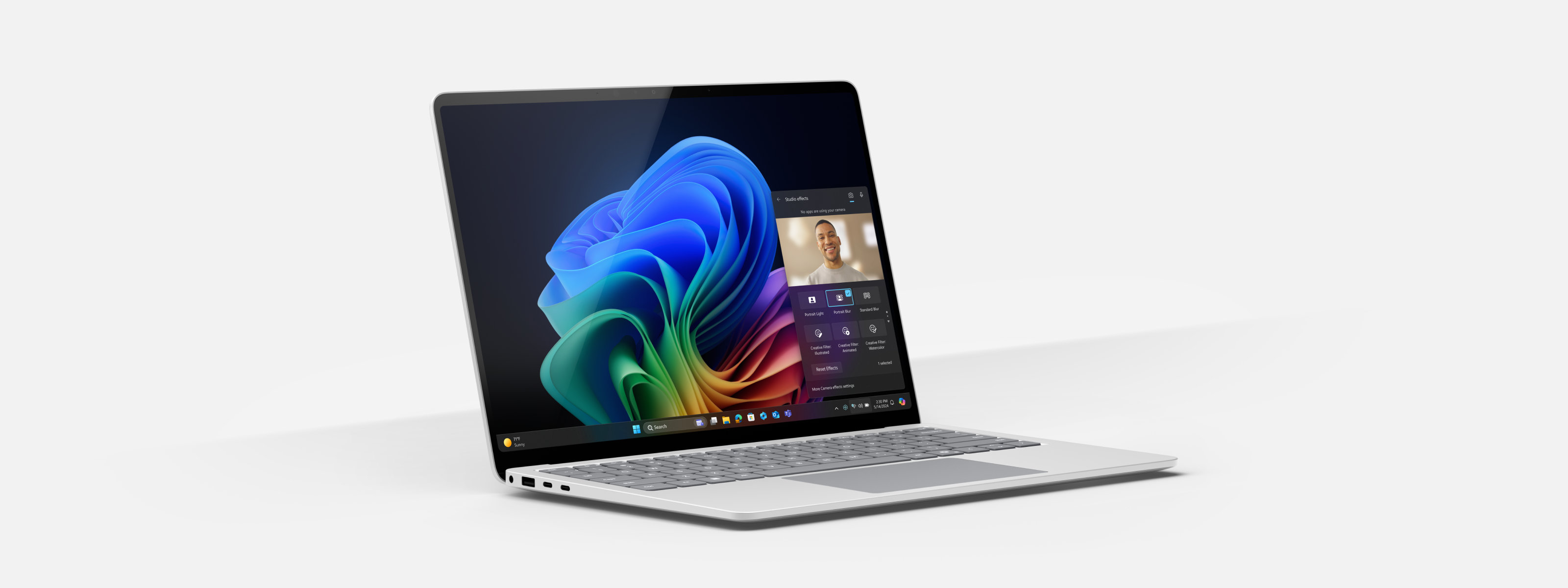 Een afbeelding van het Surface Laptop-apparaat met een scherm waarop een videovergadering wordt getoond