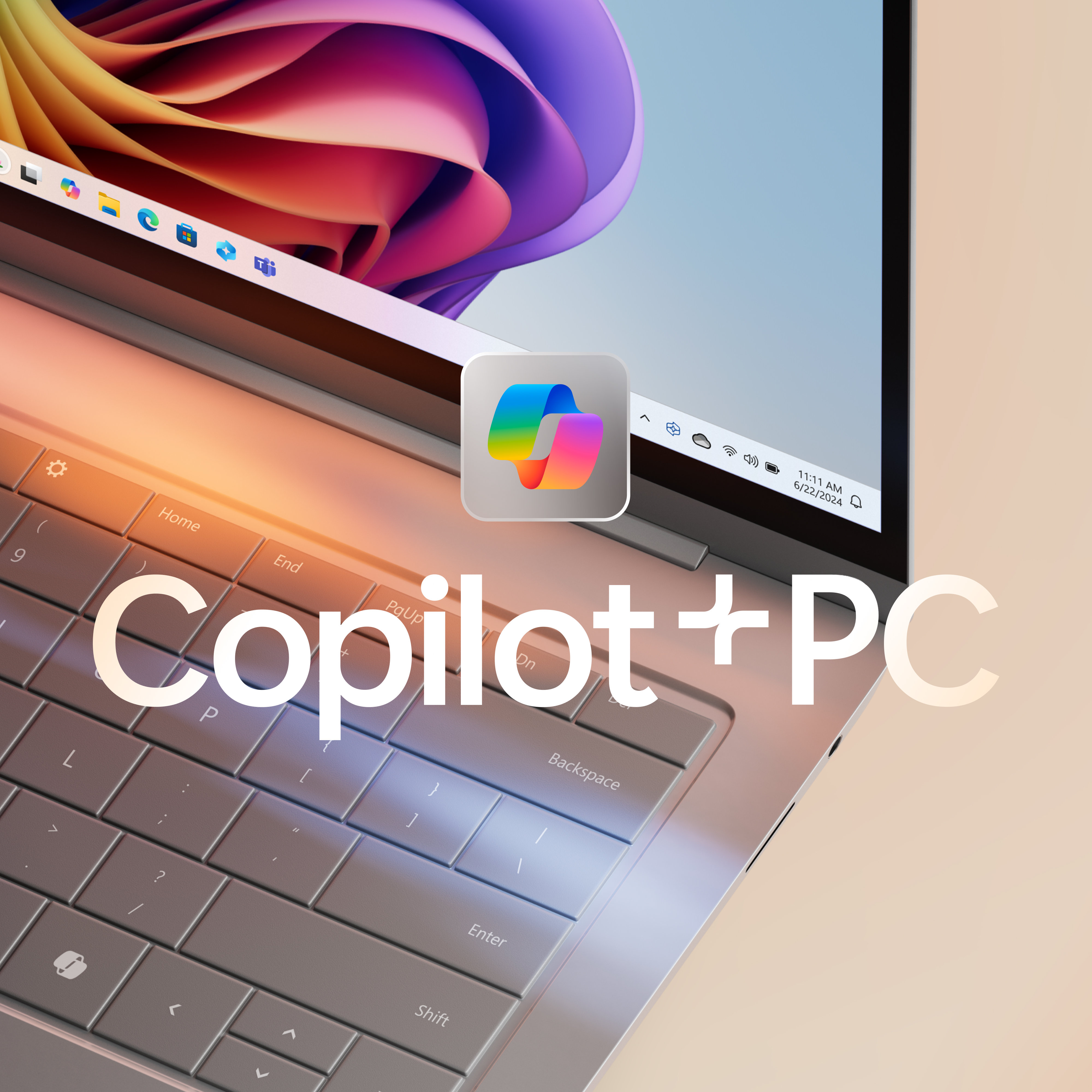 A Windows 11 PC with colorful bloom and Copilot icon on the screen