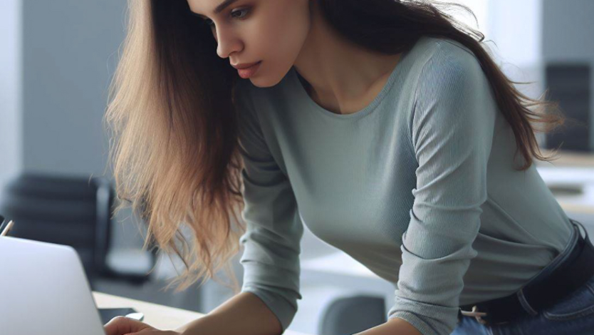 a young woman standing at a desk, turning on her laptop