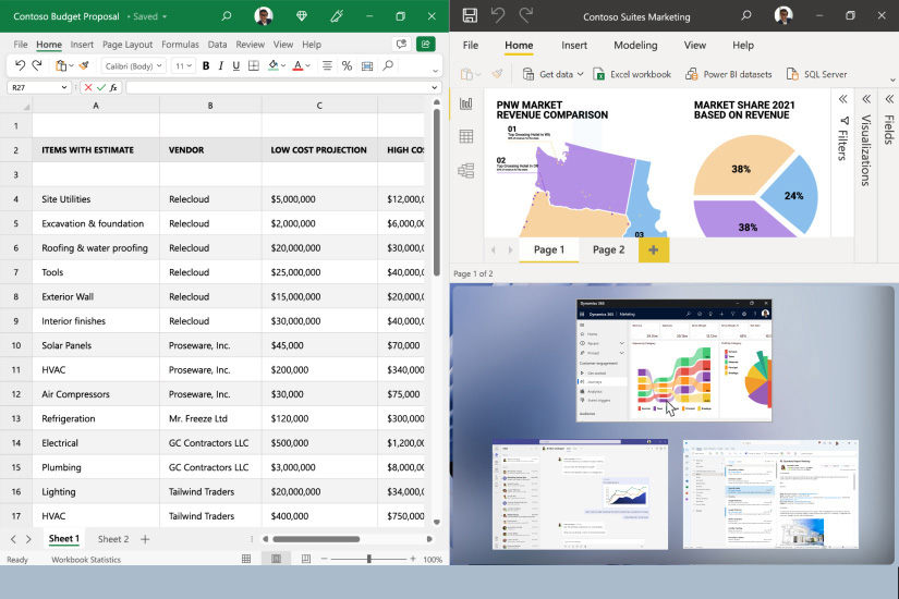 Układ przyciągania z aplikacjami PowerPoint i Excel wyświetlony na ekranie urządzenia Surface Laptop 5