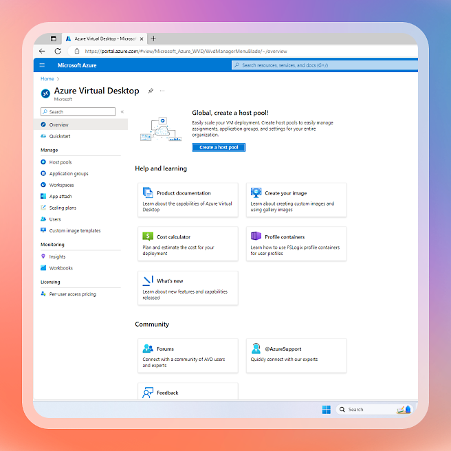 En skärmbild av Azure Virtual Desktop