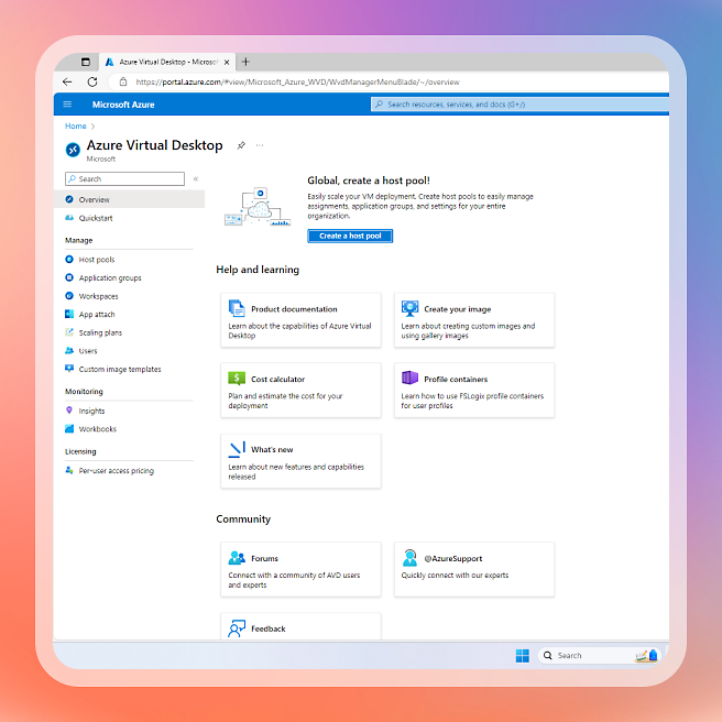 Een schermopname van Azure Virtual Desktop