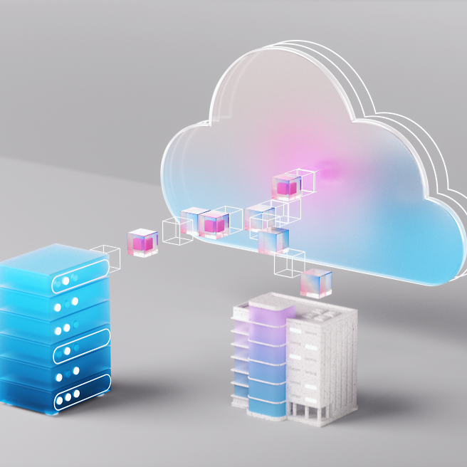 Illustratie van cloud-computing-concept met gegevensoverdracht tussen servers en een cloud