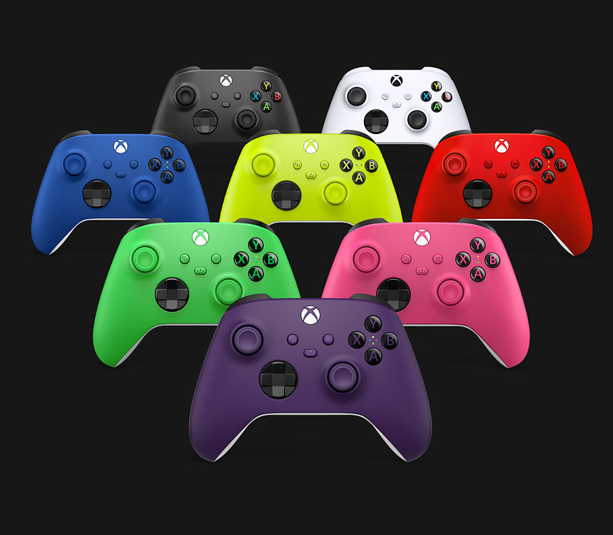 Xbox Wireless Controllers in various colors.