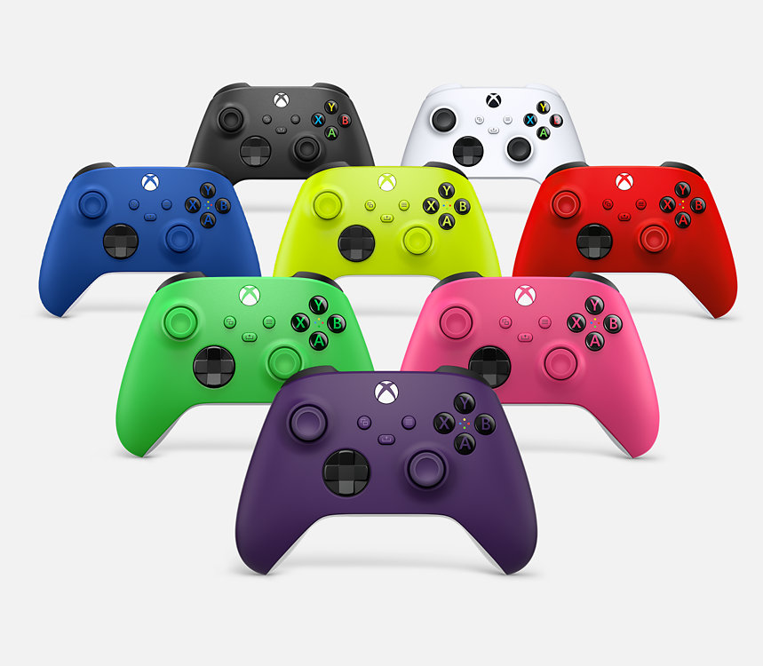 Kontrolery bezprzewodowe do konsoli Xbox w różnych kolorach.