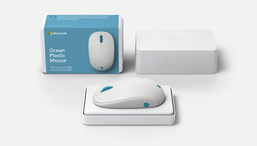 Microsoft Ocean Mouse のパッケージング。外箱とラベル、内箱、マウス。