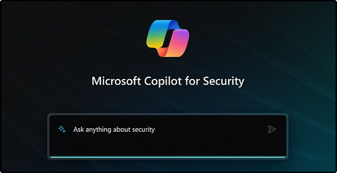 Una pantalla digital con el logotipo de "Microsoft Copilot para seguridad" y un mensaje de interfaz de usuario que indica