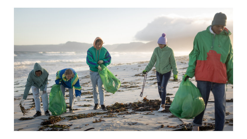 A group of five young volunteers cleaning a beach.