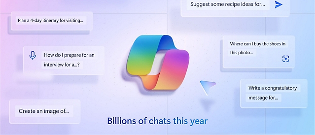 Et Copilot-logo med tekst, milliarder af chatsamtaler i år