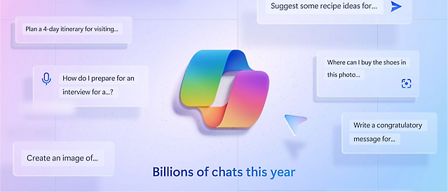رسم ملون لفقاعات الدردشة يمثل واجهة المساعد الرقمي مع النص "مليارات الدردشات هذا العام.