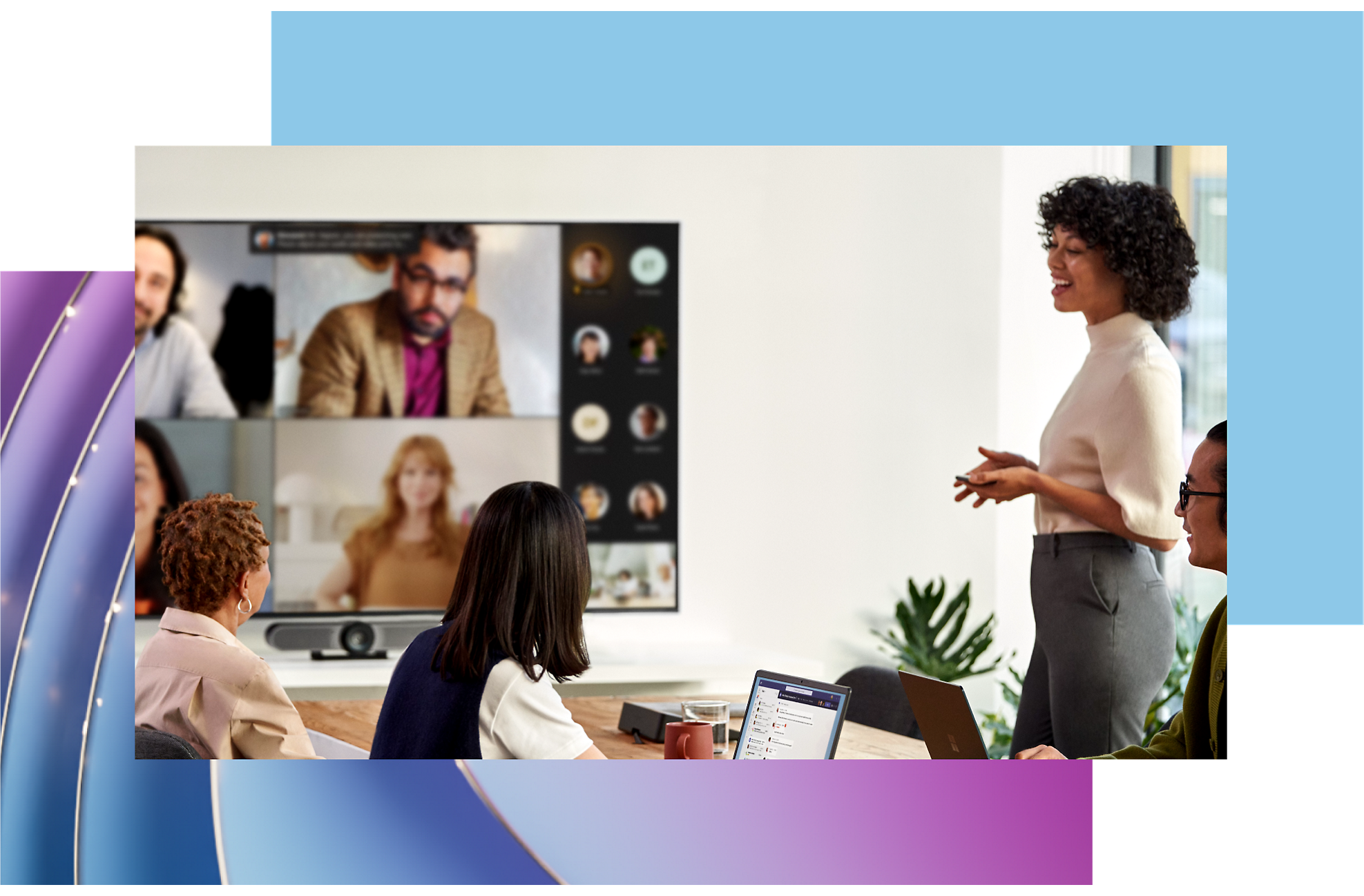 A woman giving a video call to a group of people.