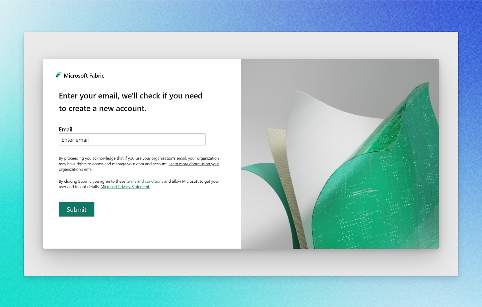 Een landingspagina voor het maken van een account onder Microsoft Fabric.