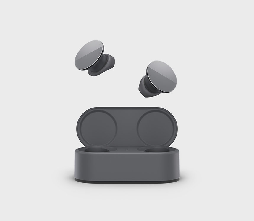 Surface Earbuds y su estuche de carga.