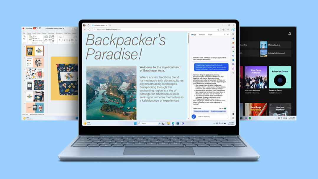 デバイスの背後から他の 2 つのアプリの画面がちらりと見えた状態で、画面に Bing Edge を表示したアイス ブルーの Surface Laptop Go 3。