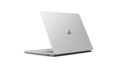 Surface Laptop Go 3 ditunjukkan dari sudut belakang dengan sebahagian daripada papan kekunci kelihatan.