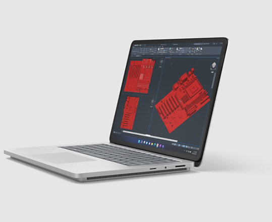 Presentación de Surface Laptop Studio 2 con la aplicación Revit en pantalla