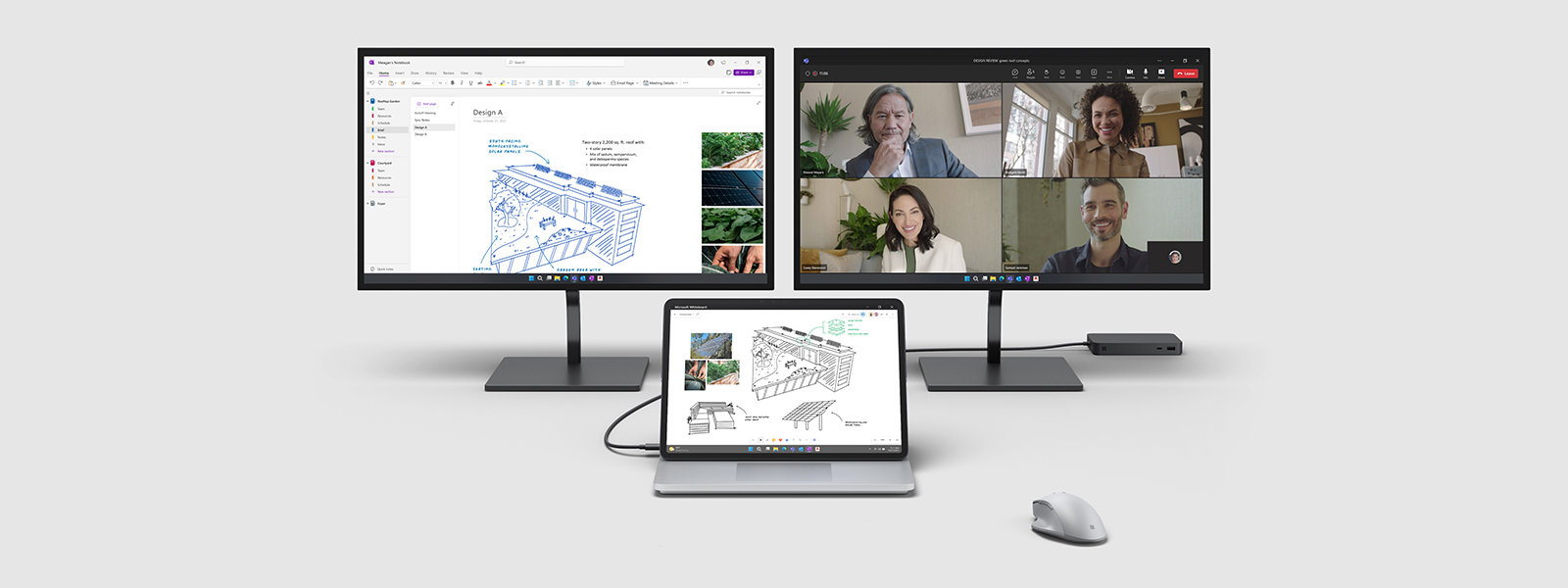 Surface Laptop Studio 2 liitettynä kahteen ulkoiseen näyttöön, useita Microsoft-sovelluksia näytöissä.