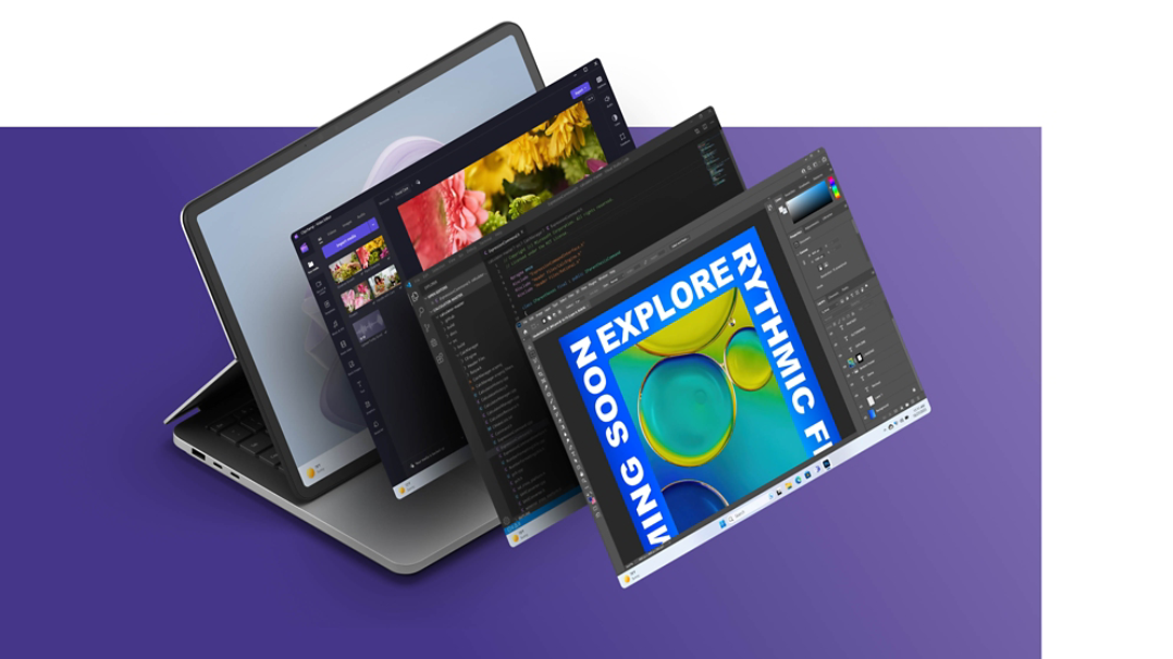 Surface Laptop Studio 2 que muestra una flor de Windows en la pantalla, con las pantallas de Clipchamp, Xbox y Adobe Photoshop apiladas delante del dispositivo.
