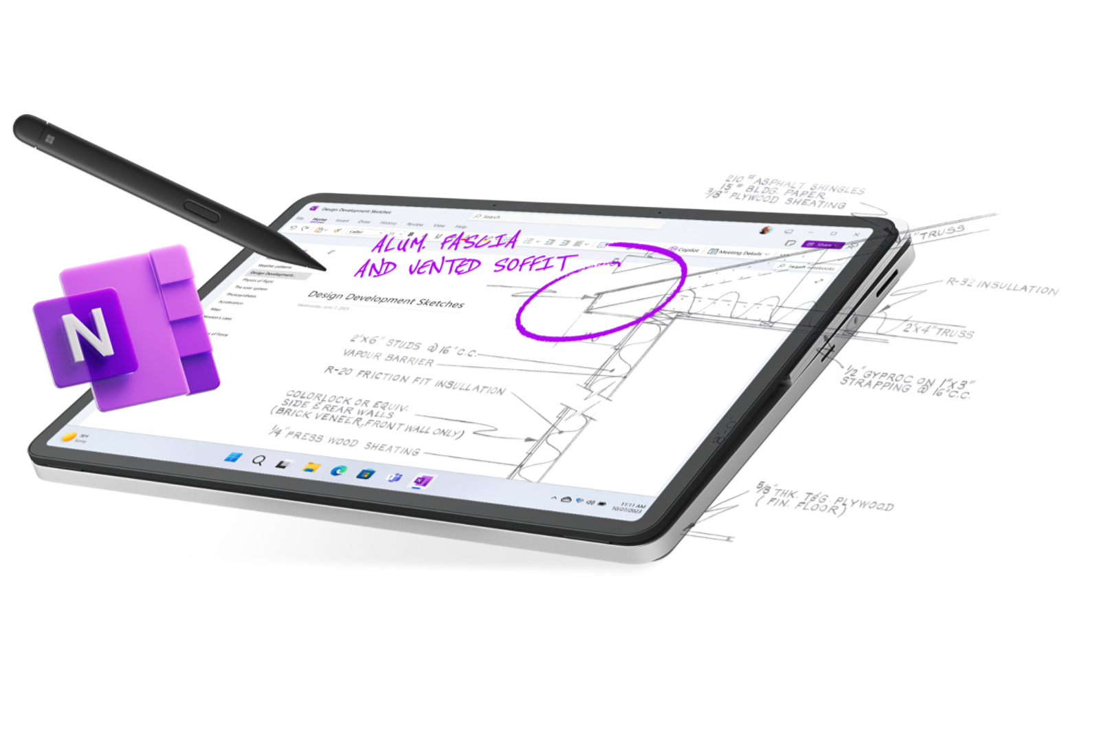 Surface Laptop Studio 2 en modo tableta que muestra un lápiz digital, notas manuscritas y el icono de OneNote que sale de la pantalla del dispositivo.