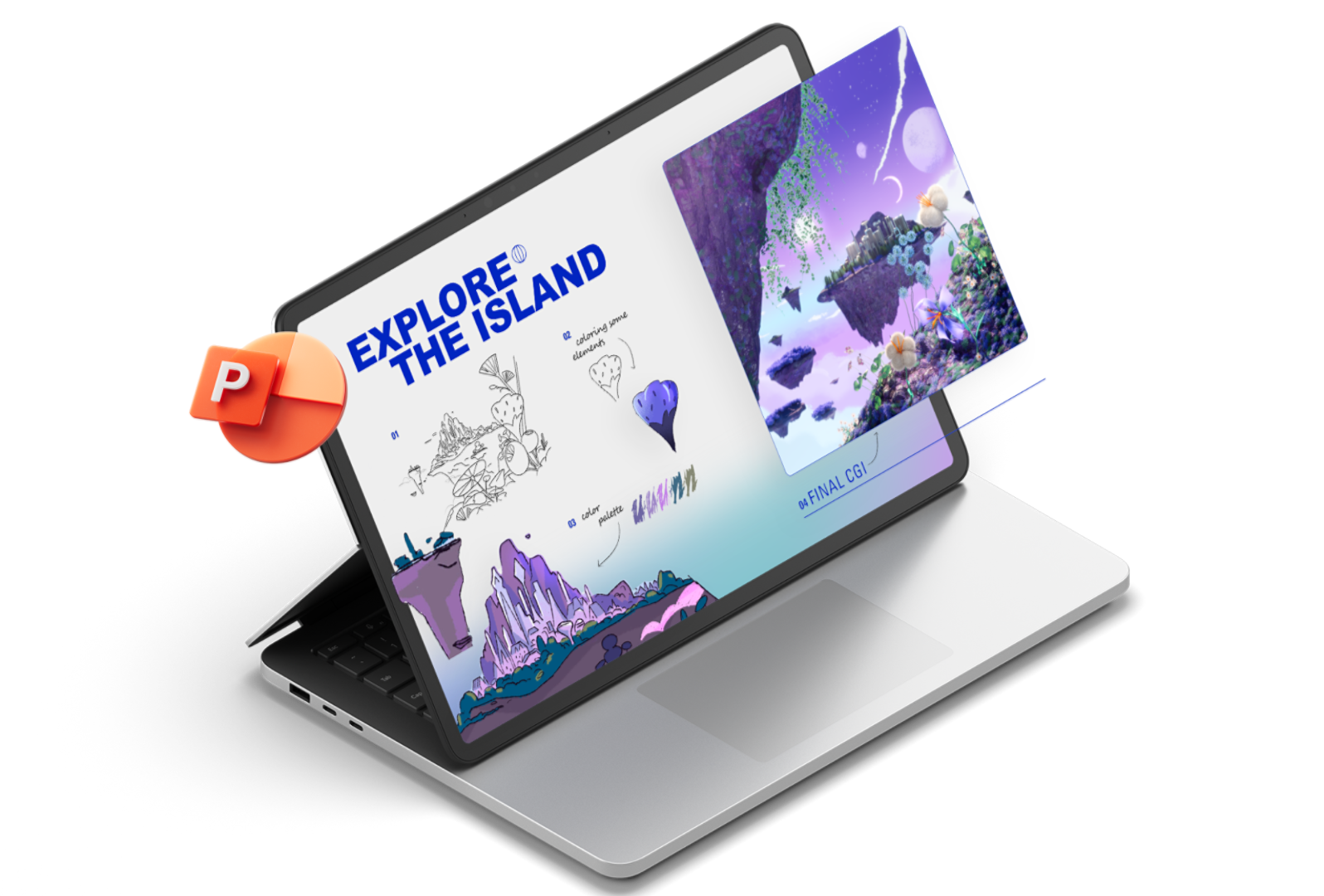 Surface Laptop Studio 2 muestra Microsoft PowerPoint en la pantalla y con animaciones de isla y el logotipo de PowerPoint que salen de la pantalla del dispositivo.