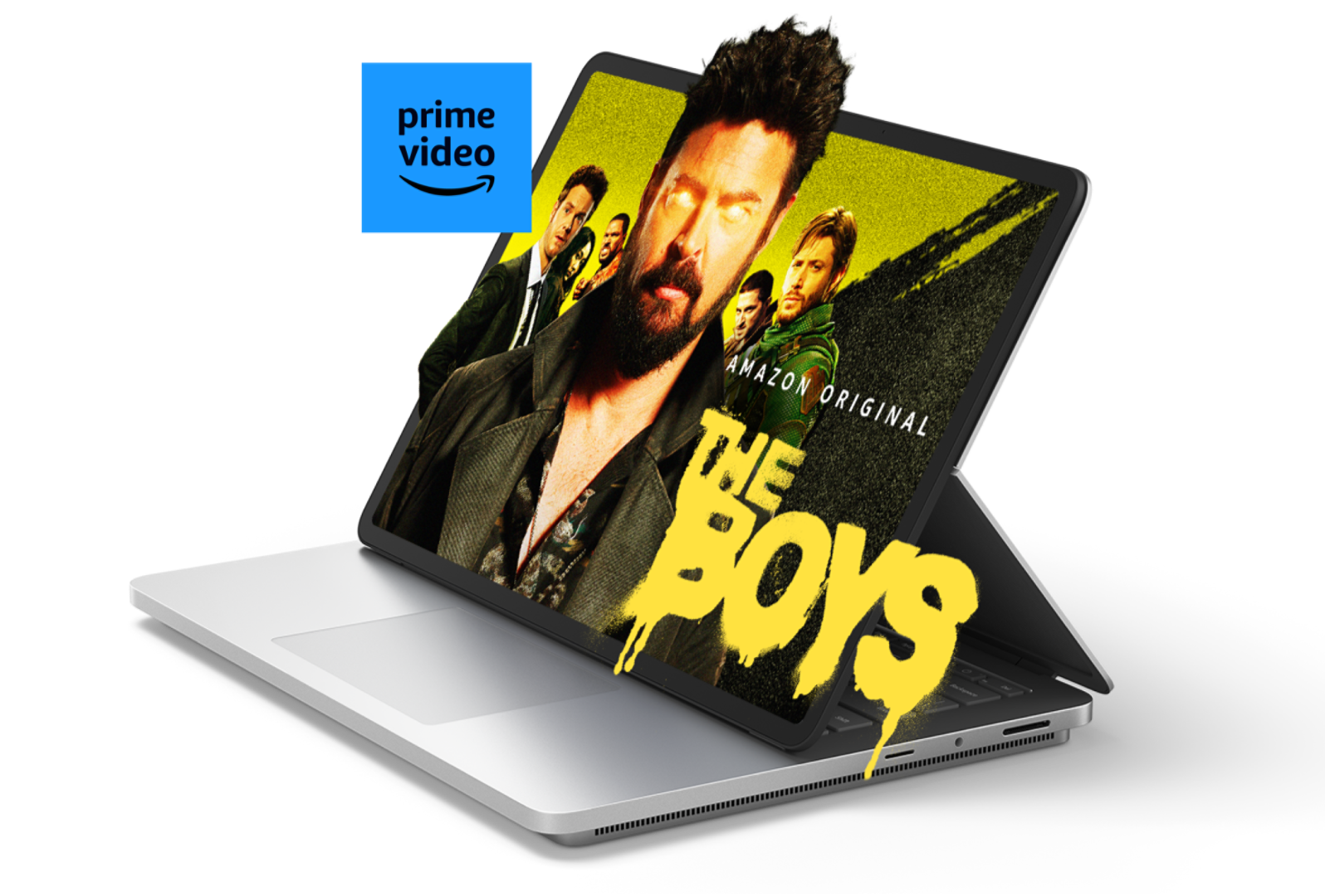 Surface Laptop Studio 2 muestra The Boys de Amazon Prime con algunos elementos de pantalla y el logotipo de Prime Video que sale de la pantalla.