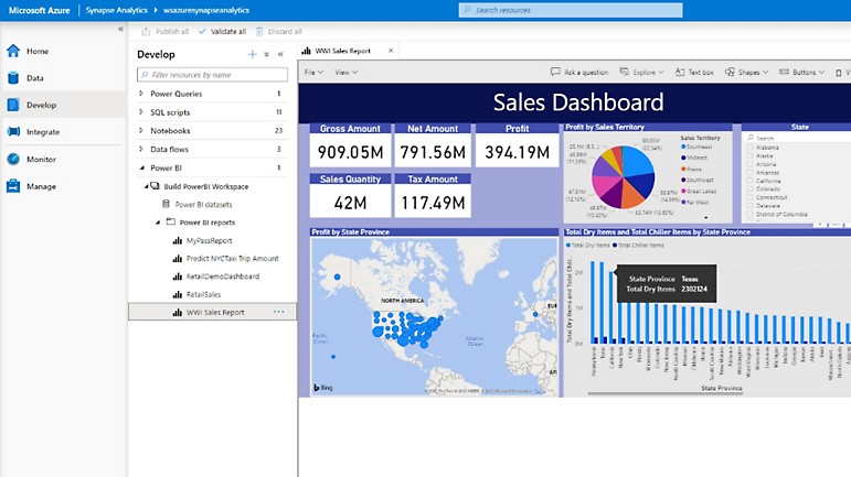 Панель мониторинга продаж в Azure Synapse Analytics.