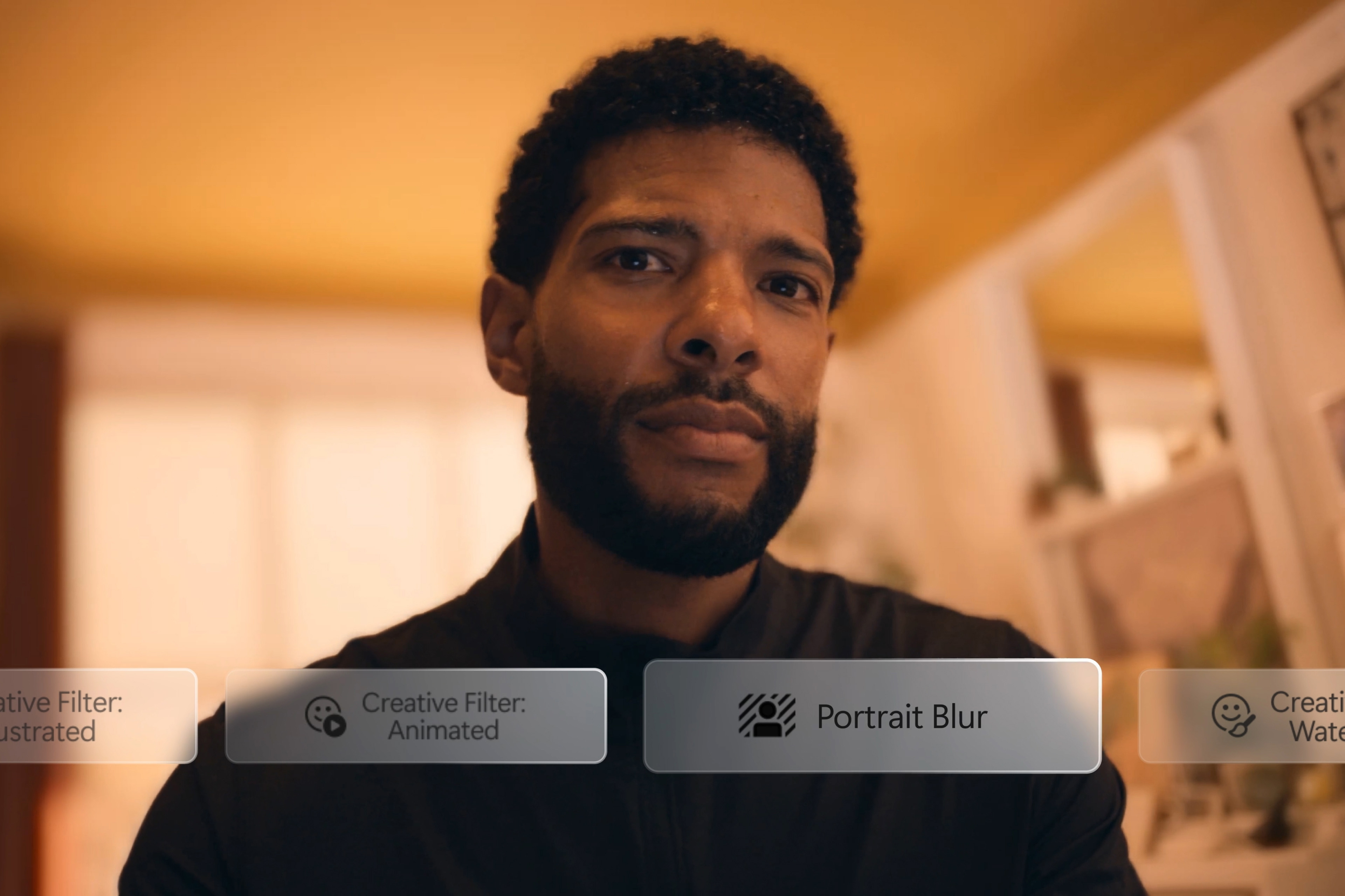 A man looks at front-facing camera while exploring available AI video features.