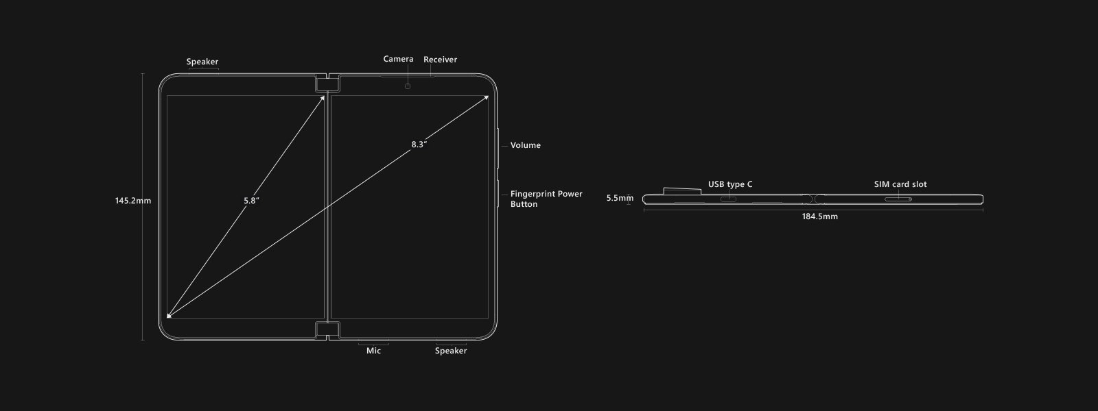 Surface Duo 2 schematic featuring dimensions, ports, button placement, and more.