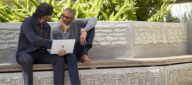 Two people sitting in a park and talking with each other, and one person is holding a laptop.