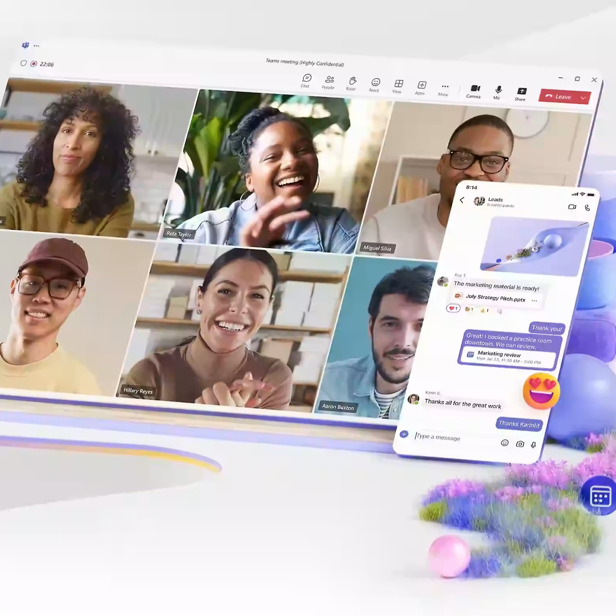 Een digitale interface die een videogesprek weergeeft waaraan vijf verschillende personen actief deelnemen