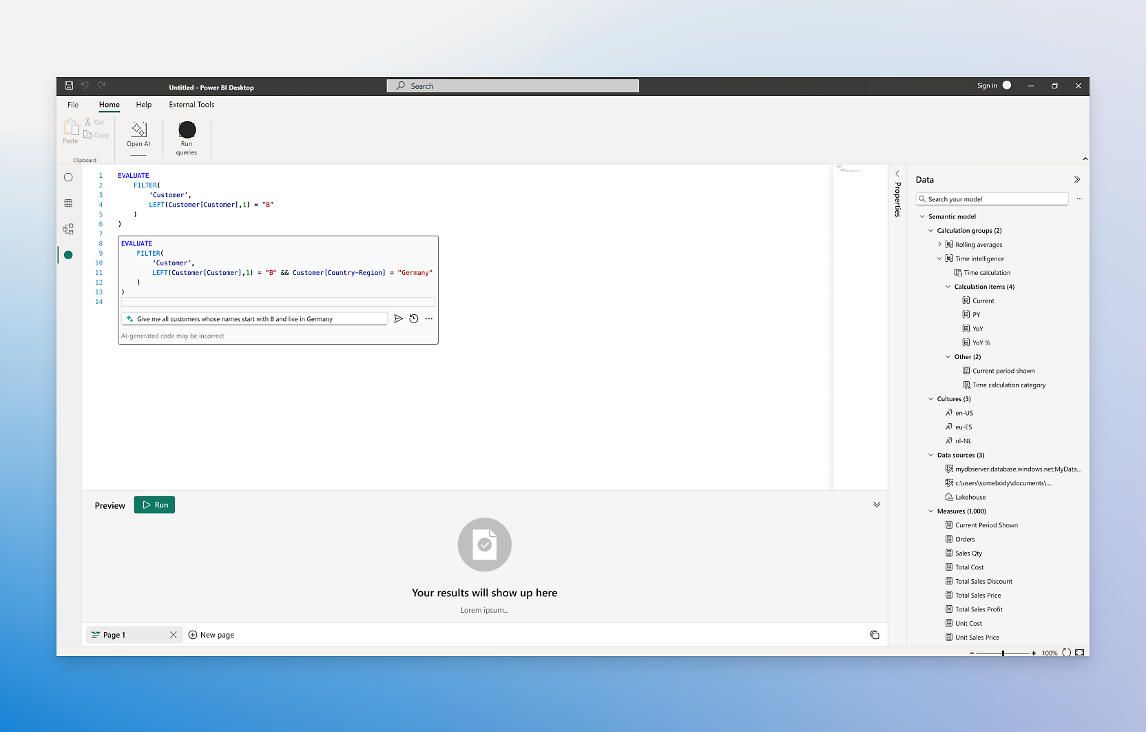 A window showing a query being created in Microsoft Power BI