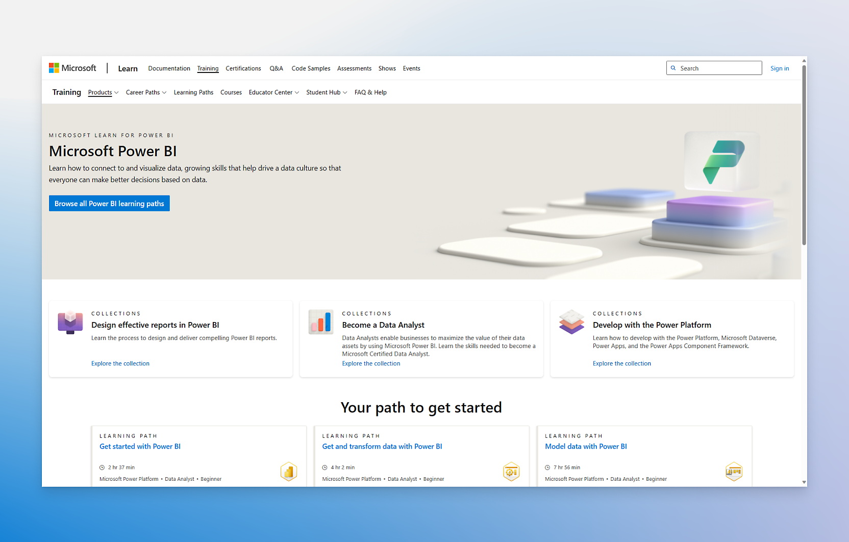 Landing page for Microsoft Training