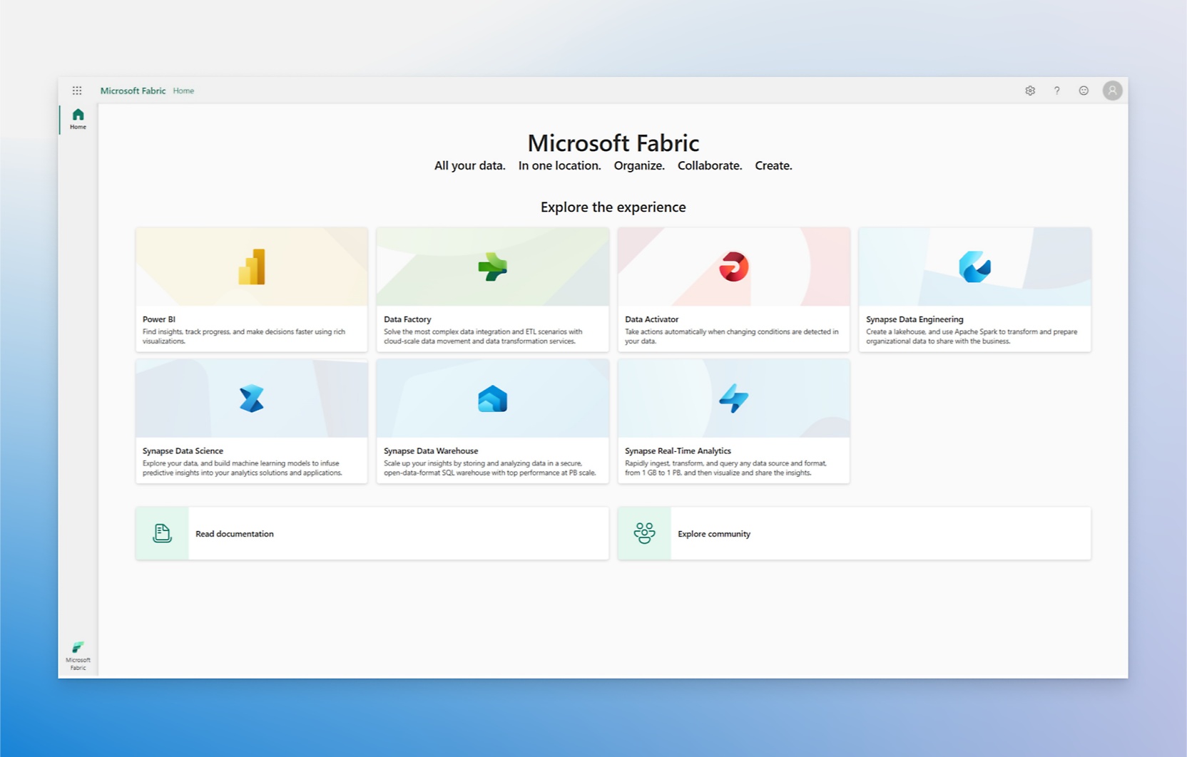 Целевая страница Microsoft Fabric с различными параметрами
