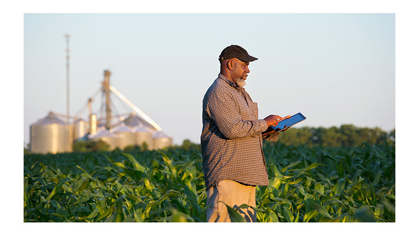 Farmer holding a digital tablet in a crop field.