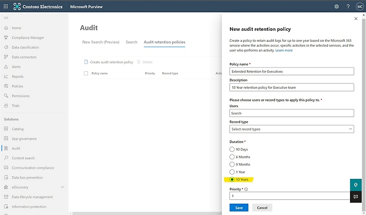 Screenshot des Dashboards mit den Optionen der Aufbewahrungsrichtlinie