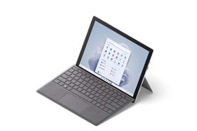 A Surface Go 3 with Type Cover attached and kickstand open.