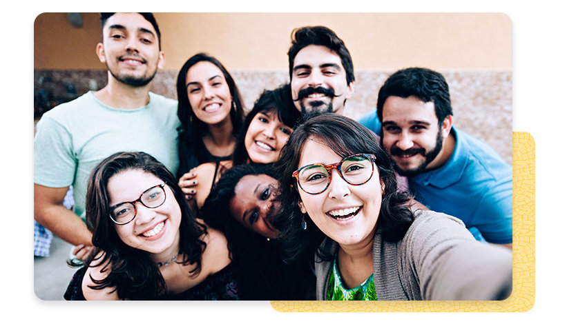 Group of eight taking a selfie