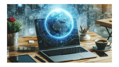 A globe floats in front of a laptop opened on a work desk. 