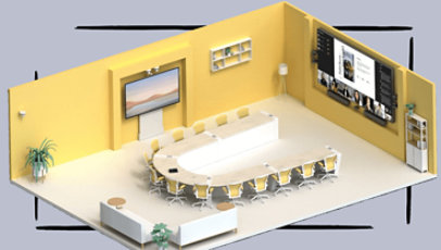 A 3D model of a meeting room with a large conference table and Microsoft Teams meeting displayed on the meeting room wall, displayed over a blue background with brush stroke-style borders.