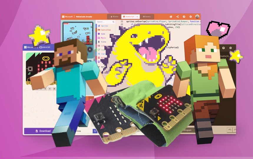 Image of Arcade and Minecraft characters as well as projects made using the micro bit.