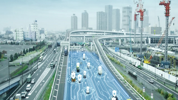 Autonomous vehicles on a highway in tokyo.