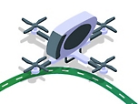 Et isometrisk bilde av en drone som flyr over en vei.