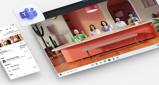 Pantalla de móvil que muestra fotos y eventos guardados en Teams y pantalla de una videollamada de Teams en modo conferencia que simula que todos los participantes están sentados a lo largo de una gran mesa.
