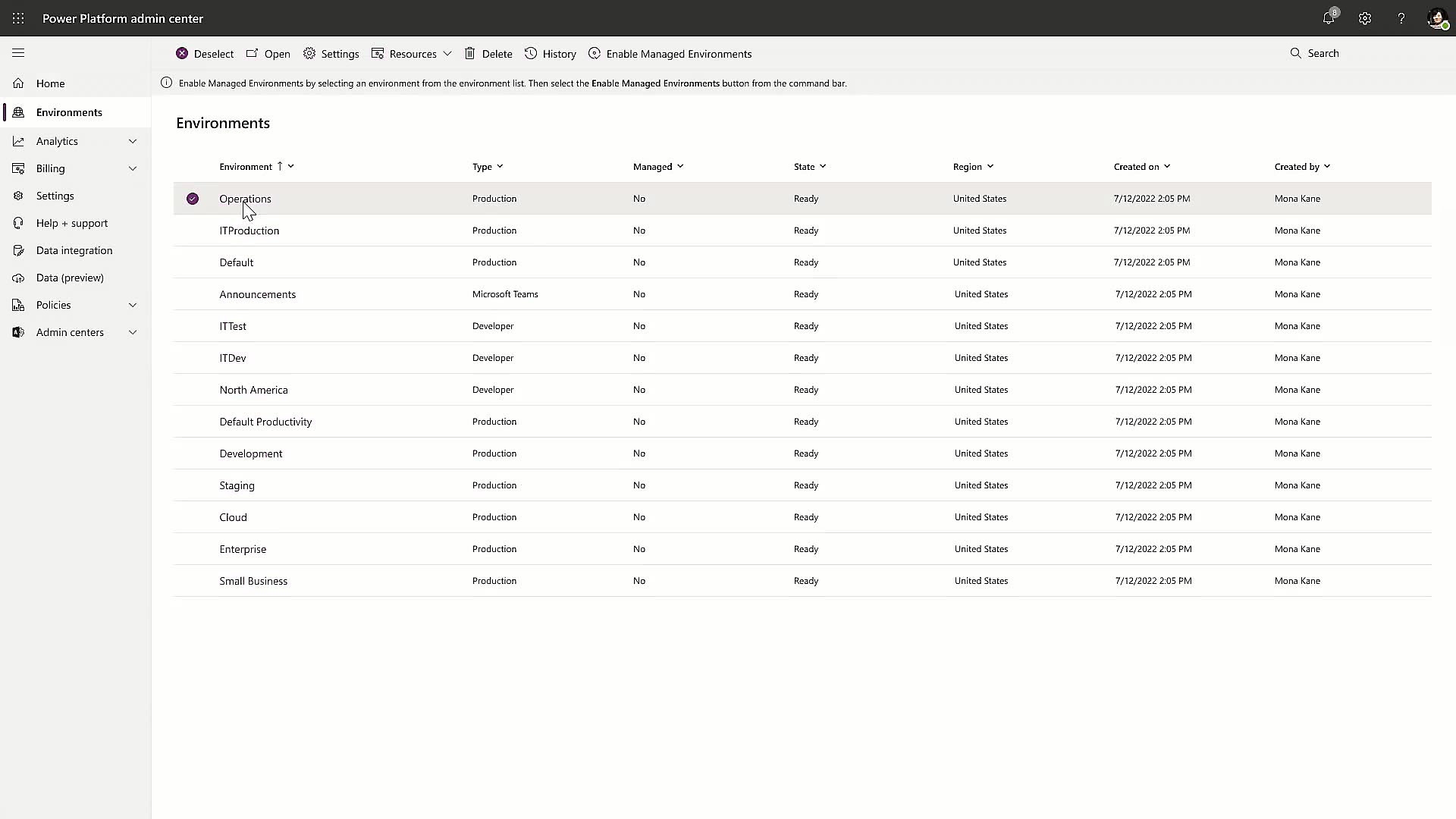 A view of Environments in Power Platform Admin Center