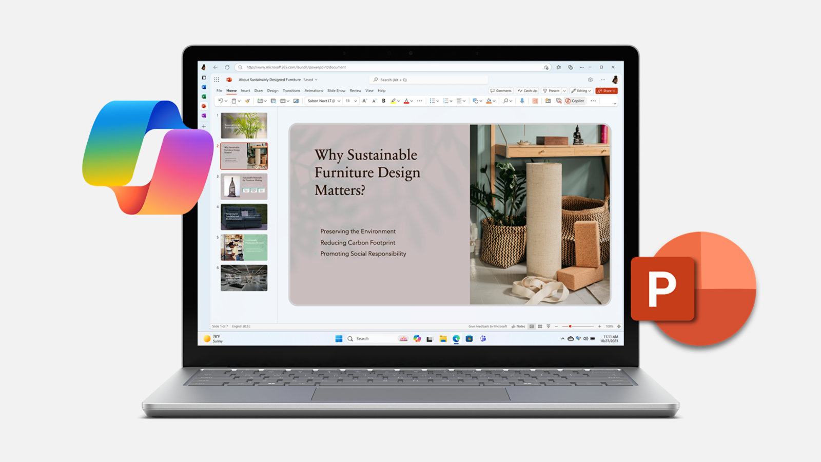A PowerPoint presentation is shown open on the screen of a Surface Laptop 6 for Business surrounded by the Copilot and PowerPoint logos, suggesting how AI power can be used in Microsoft 365 apps.