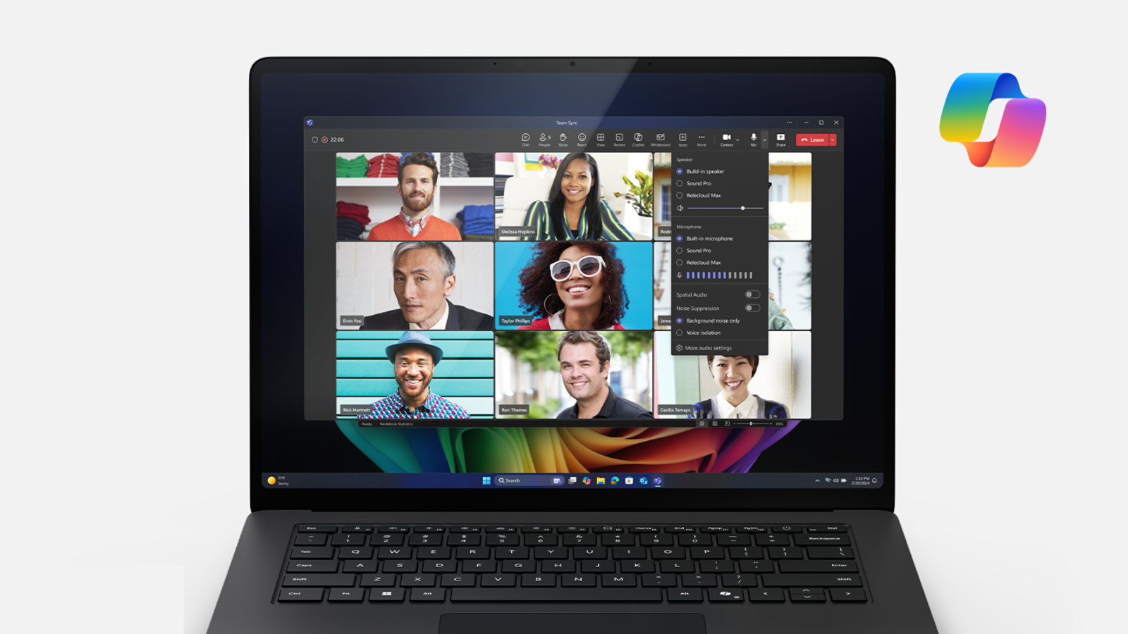 A presentation in a Microsoft Teams call is enhanced by Copilot. 