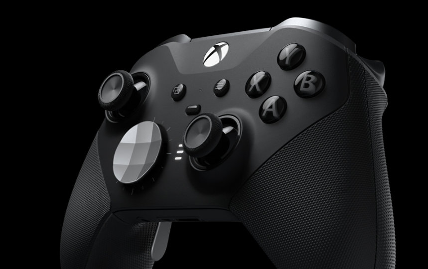 Close up of Xbox Elite Wireless Controller Series 2, facing left 