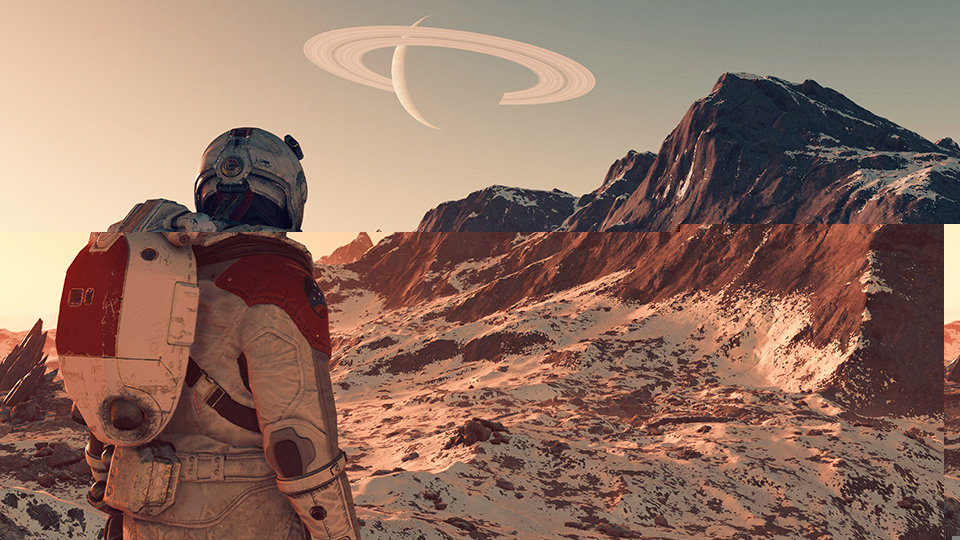 Vista trasera de un astronauta mirando una panorámica montañosa en el juego Starfield. 